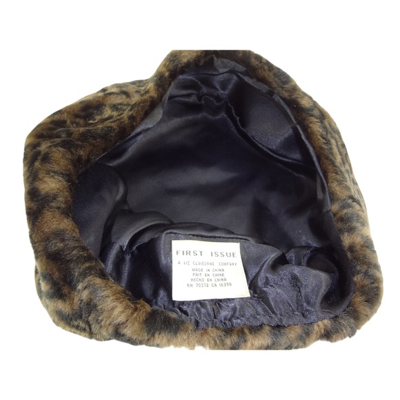 First Issue Liz Claiborne Vintage Leopard Print Faux Fur Beret Hat Brown Black main image 3